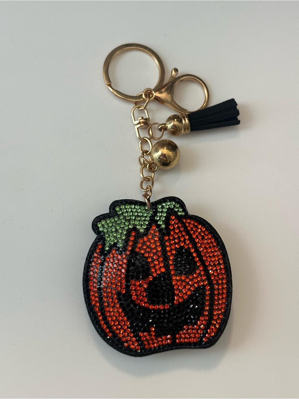Bling Rhinestone Pumpkin Keychain with Tassel & Gold Hardware
